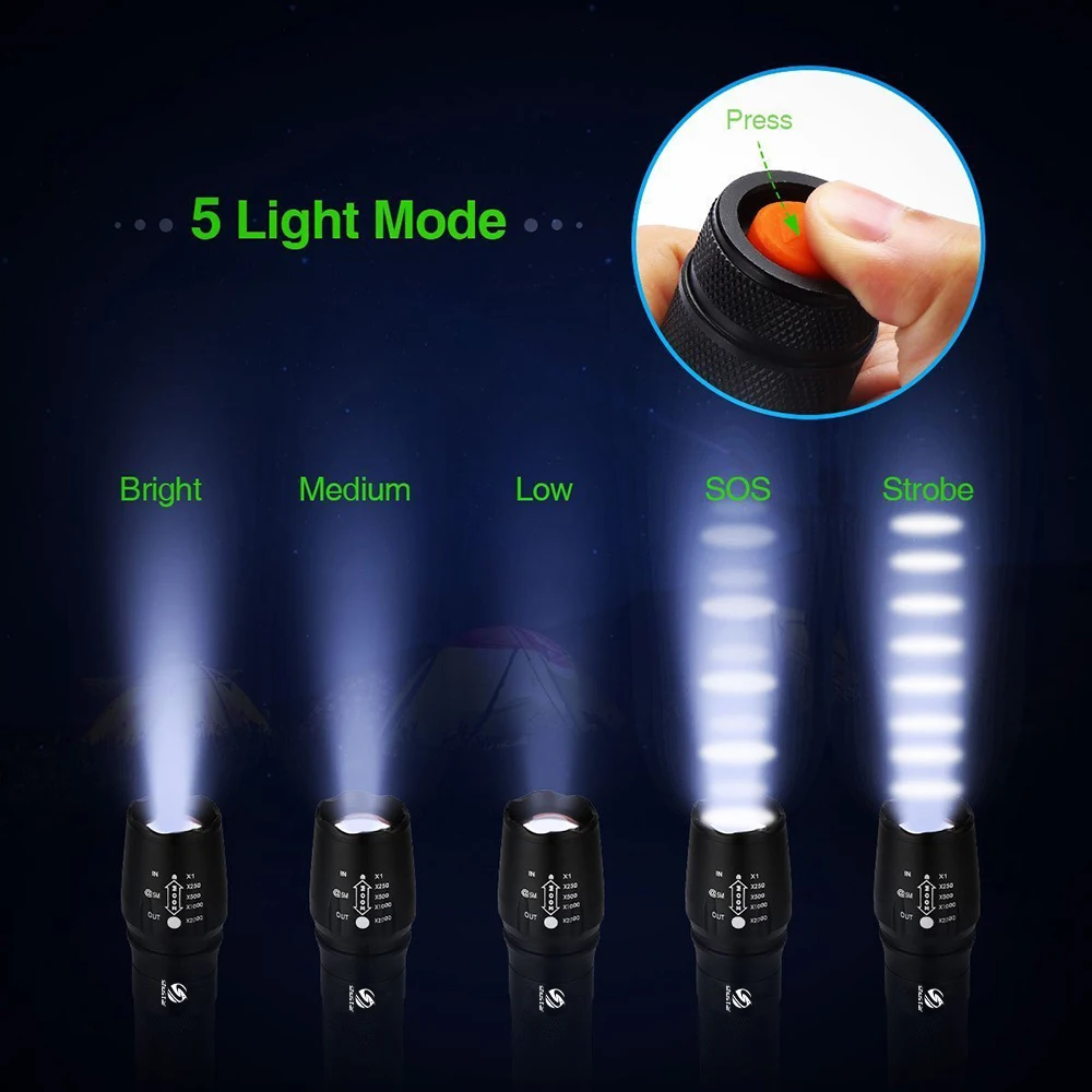 Glare LED Flashlight outdoor lighting Led torch Zoomable 5 Lighting modes Used for hunting camping adventure night rides, etc.