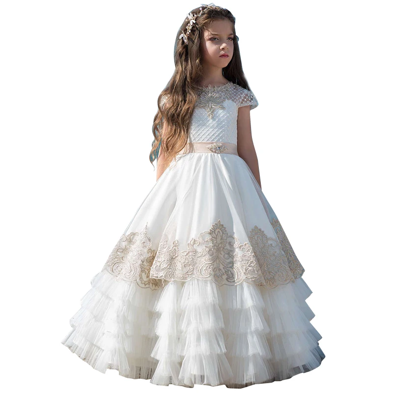 

champagne flower girls dresses 2-12 year communion dress long kids ball gown deguisement enfant fille fancy little girls dresses