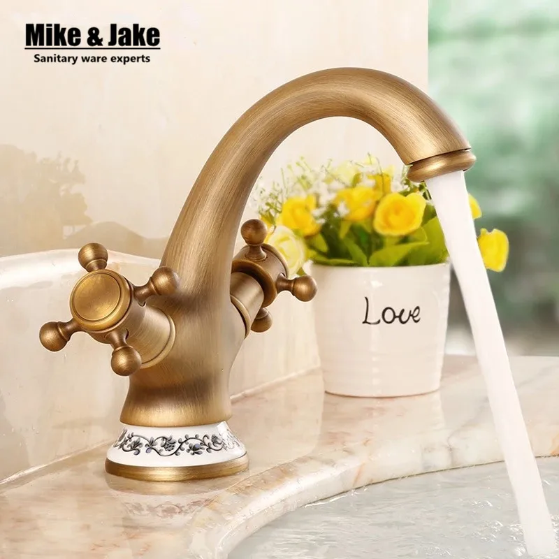 Soild brass bronze double handle control antique ceramic basin faucet crane cock bathroom basin mixer tap robinet antique tap