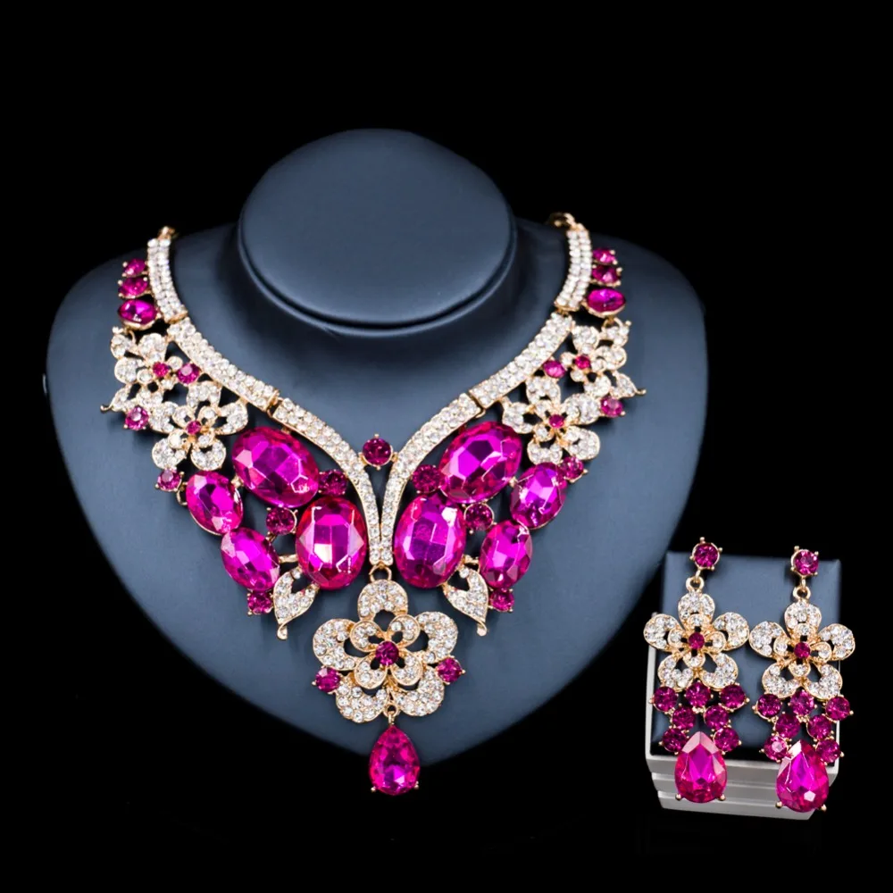 Lan palace  wedding jewelry sets Glass Rhinestone for bridal gold color necklace and earrings  six colors  free shipping