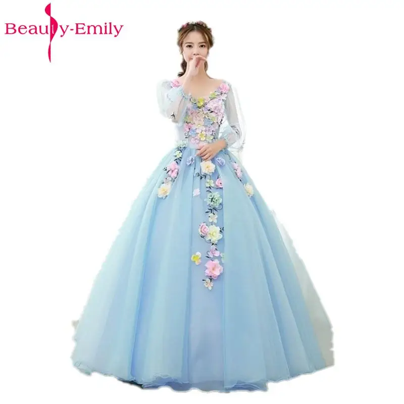 Beauty Emily-Vestido largo azul claro para baile de quinceañera, ropa de princesa para niña, cuello en V, manga corta, con cordones, 2020