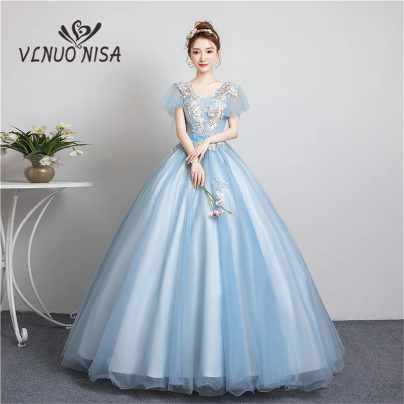 

Light Blue Long Evening Dress Delicate Colored Pearls Applique Ball Gown Solo Performance Masquerade Dress Robe De Soiree 40