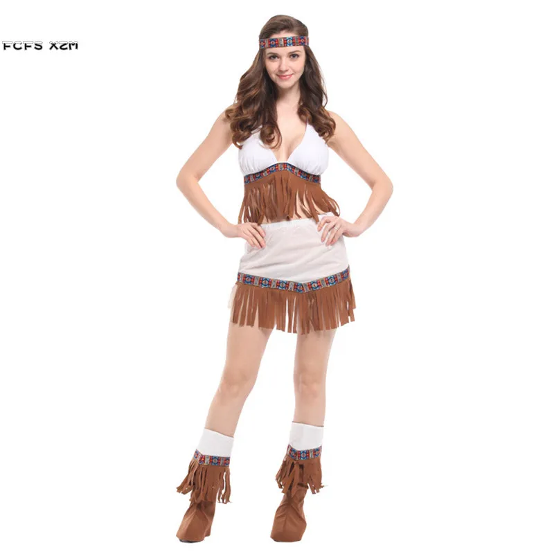 Women Halloween Indians Pocahontas Costume Female Primitive Cosplay Carnival Purim Christmas Parade Nightclub Masked Party Dress