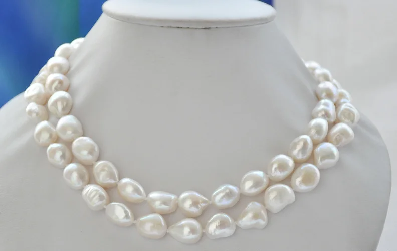 

Wedding Woman Jewelry 2 Rows 9-13MM White Pearl Baroque Choker Necklace Natural Freshwater Pearl Handmade