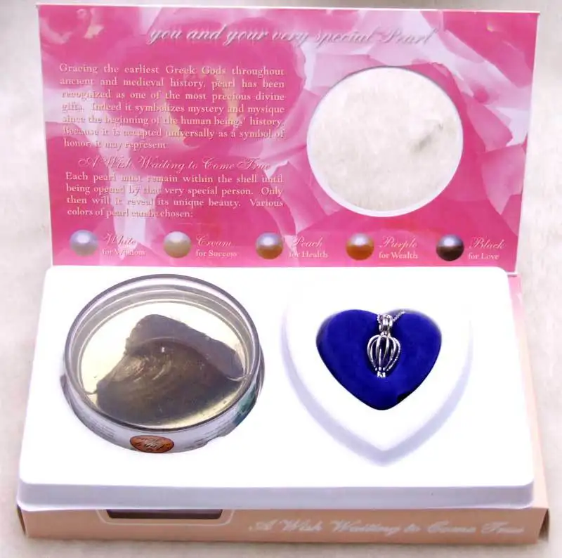 Qingmos Wholesale Lot of 10 Boxes heart pendant Wish Pearl Natural Oyster Necklace set-Waiting come true-who3621 Free shipping