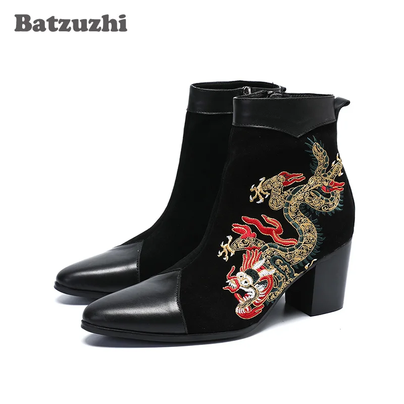 Batzuzhi 7.8CM High Heel Men Boots Short Ankle Dress Boots Black Suede Embroidery with Totem Zip Gentleman Boots Men Botas Homb