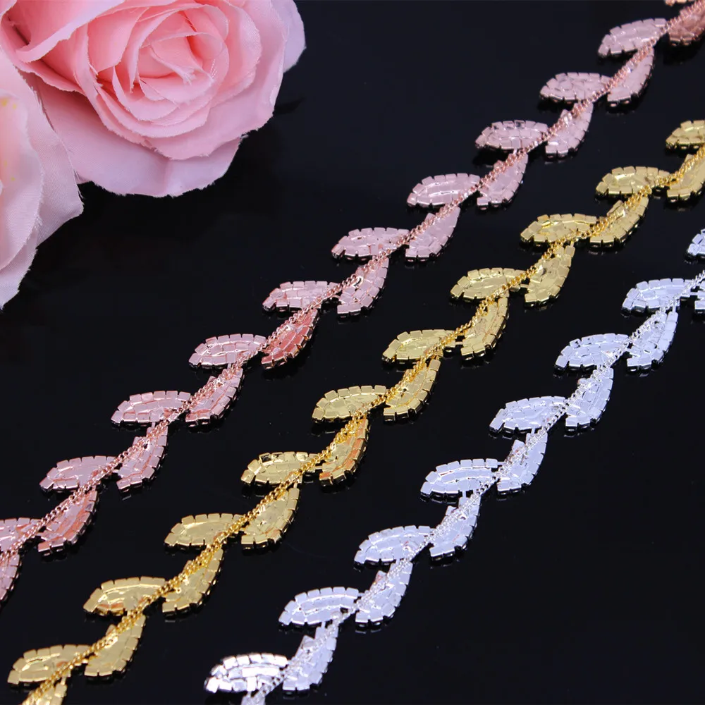 1Yard Fashion Rose Gold Crystal Wedding Dress Belt Bridal Cup Chain Trim Leaf shape Rhinestone Trim Sew on Garments DIY Dress