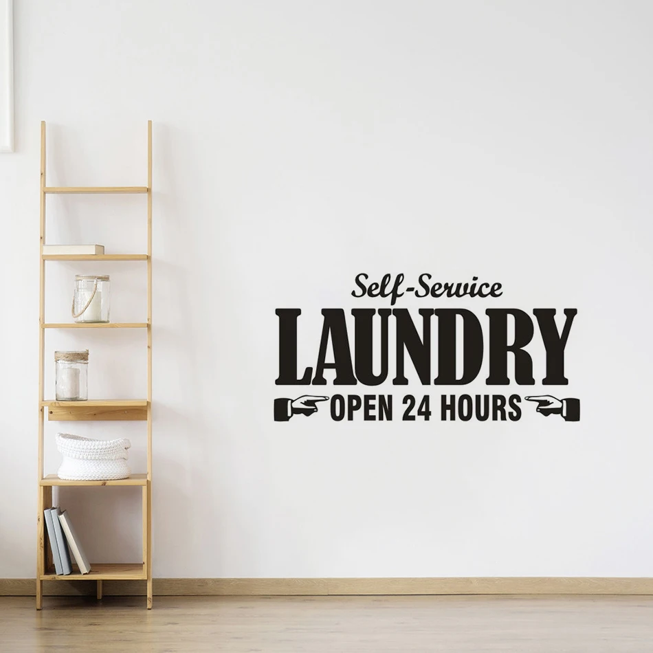 Laundry Store Sign Wall Vinyl Poster 24 Hours Self-service Vinyl Wall Decal Removable Laundry Room Wall Sticker Décor AZ804