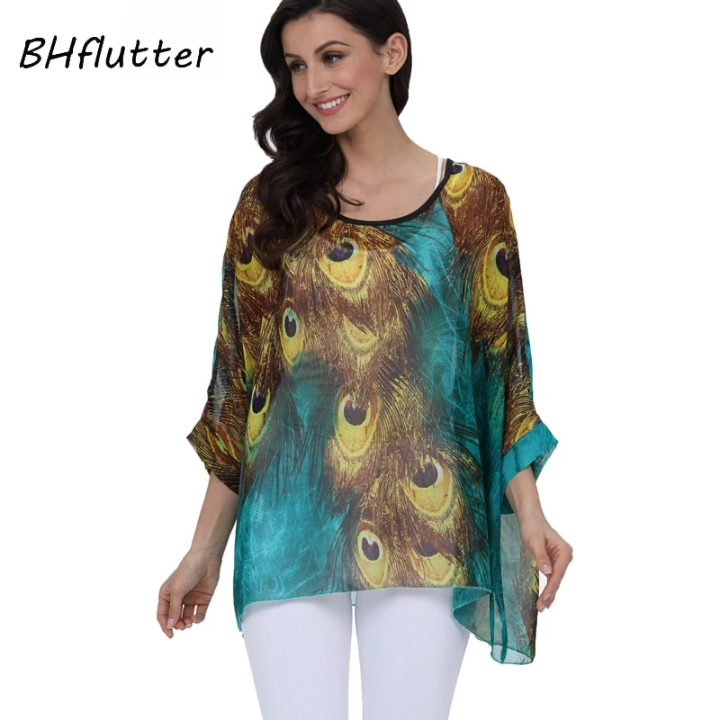 BHflutter New 2018 Women Blouse Shirt Boho Style Fashion Floral Print Chiffon Tops Tees Casual Batwing Summer Blouses Blusas