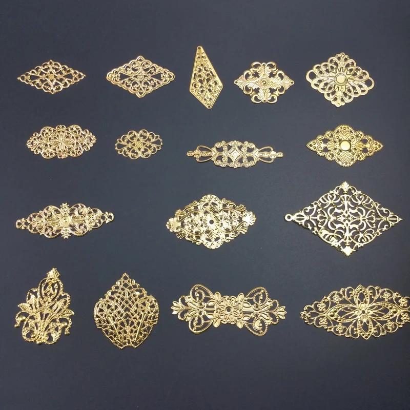 10-20 pcs/lot  lozenge  Metal Filigree Flowers Slice Charms base Setting Jewelry DIY Components Findings