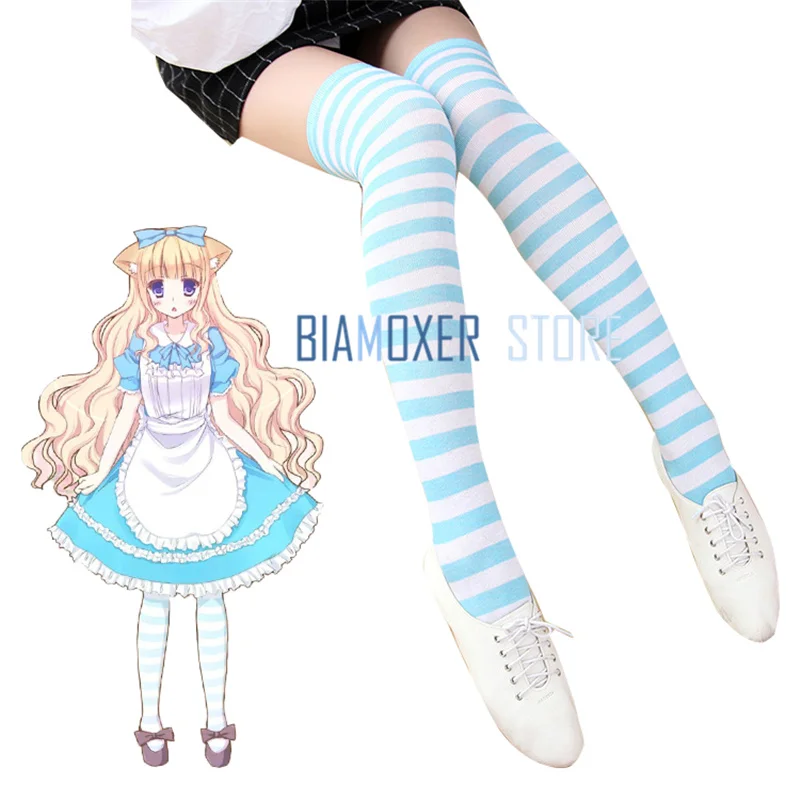 Biamoxer-Bas de femme de chambre Lolita pour adultes, Anime Alice au pays des merveilles, noir, bleu, blanc, Cosplay, accessoires de costume, chaussette d'Halloween