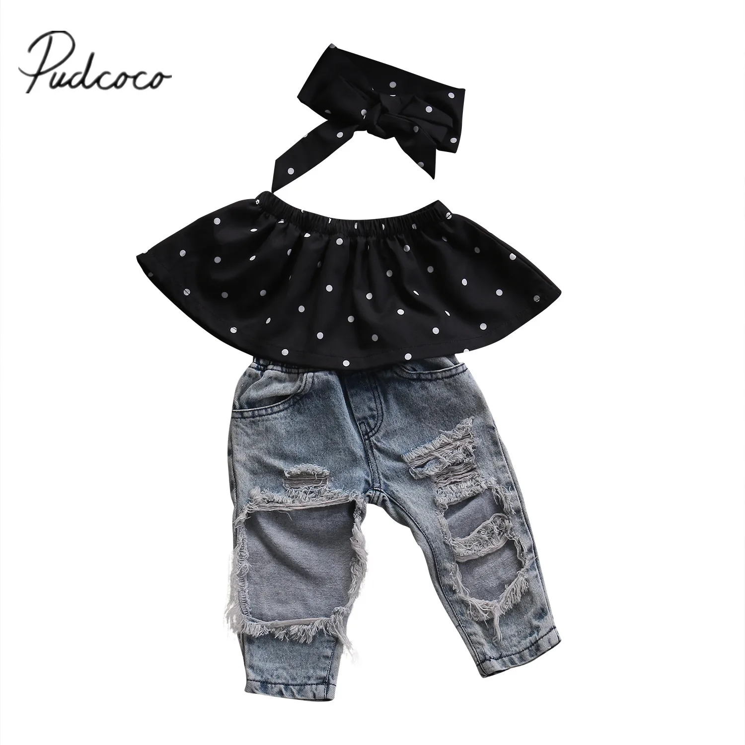 Citgeett Newborn Baby Girls Off Shoulder Dot Wrapped Chest +Bog Hole Jeans Pants Demin Outfits Clothing Set 0-3Y