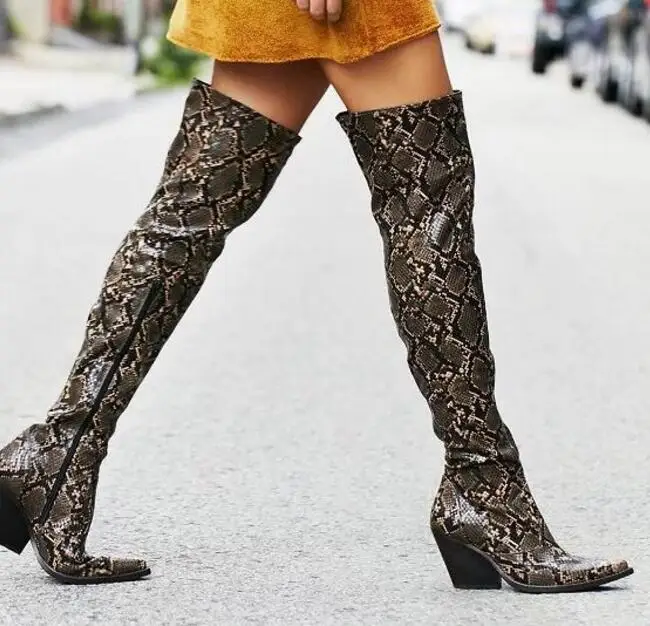 

2017 Fall Women Fashion New Women Snake Skin Python Pointed Toe Thigh Over The Knee Rough Heel Boots Slim Long Big Size Boots 42