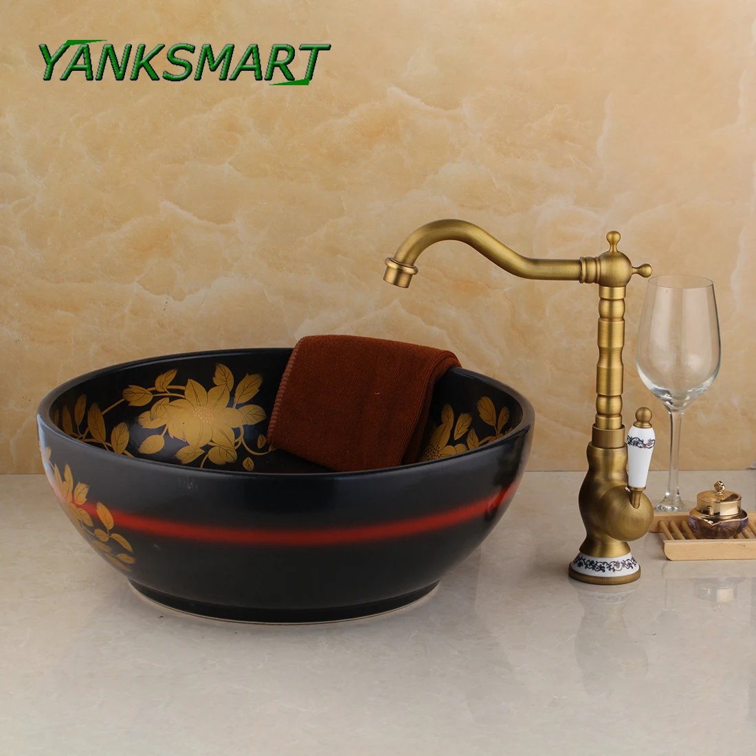 

YANKSMART Ceramic Washbasin Modern Artistic Vessel Sink Bathroom Bowl Sink Faucet Set Counter Top Wash Basin Mixer Tap