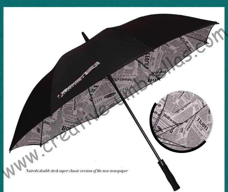 

210T pongeee visible double layers newspaper golf umbrellas.fiberglass,auto anti static,anti-thunder,inner pocket inside panel