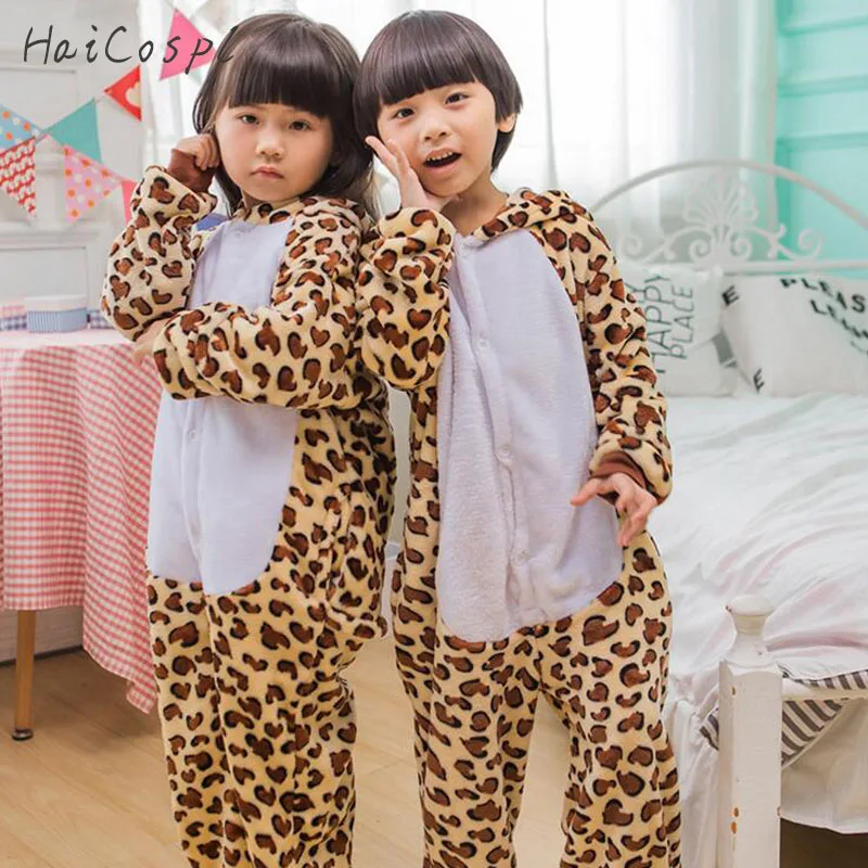 Leopard Kigurumi Onesie For Children Animals Cosplay Costume Pajama Set Flannel Warm Hooded Suit Boys Girls Lovely Party Fancy