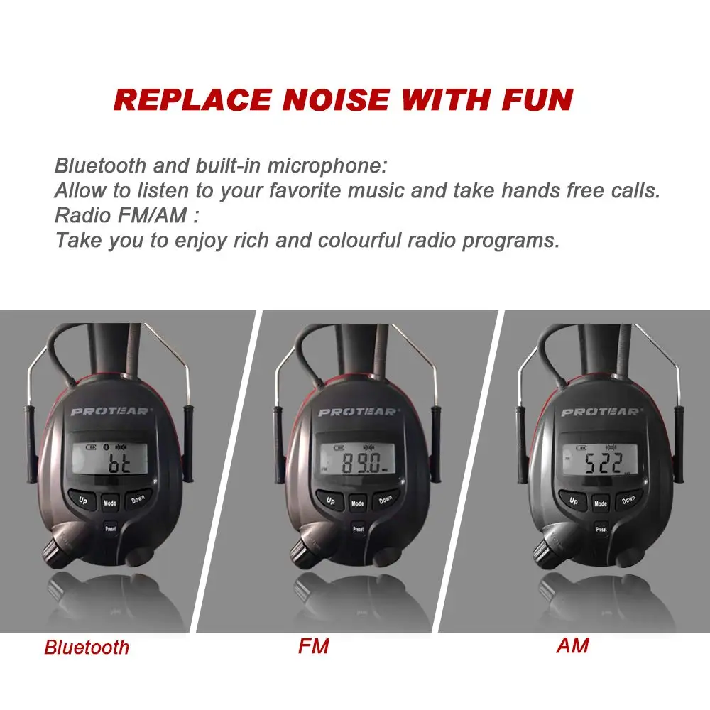 Top Protear NRR 25dB Hearing Protector Bluetooth AM/FM Radio Earmuffs Electronic Ear Protection