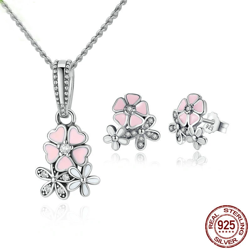 

100% 925 Sterling Silver women jewelry set,925 Sterling Silver Poetic Daisy Cherry Blossom necklace + earrings set For Women