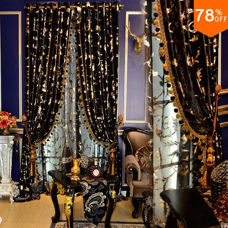 

Black Curtain Ball On the Rim Drapes European Villa Decoration for Bedroom Blackout Luxury Curtain Tulle Curtains for the Room