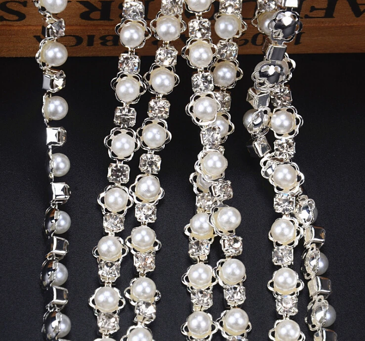 5Yards Pearls Rhiestone Trim One Row Crystal Trimming Shinny For Bridal Dress 5mm