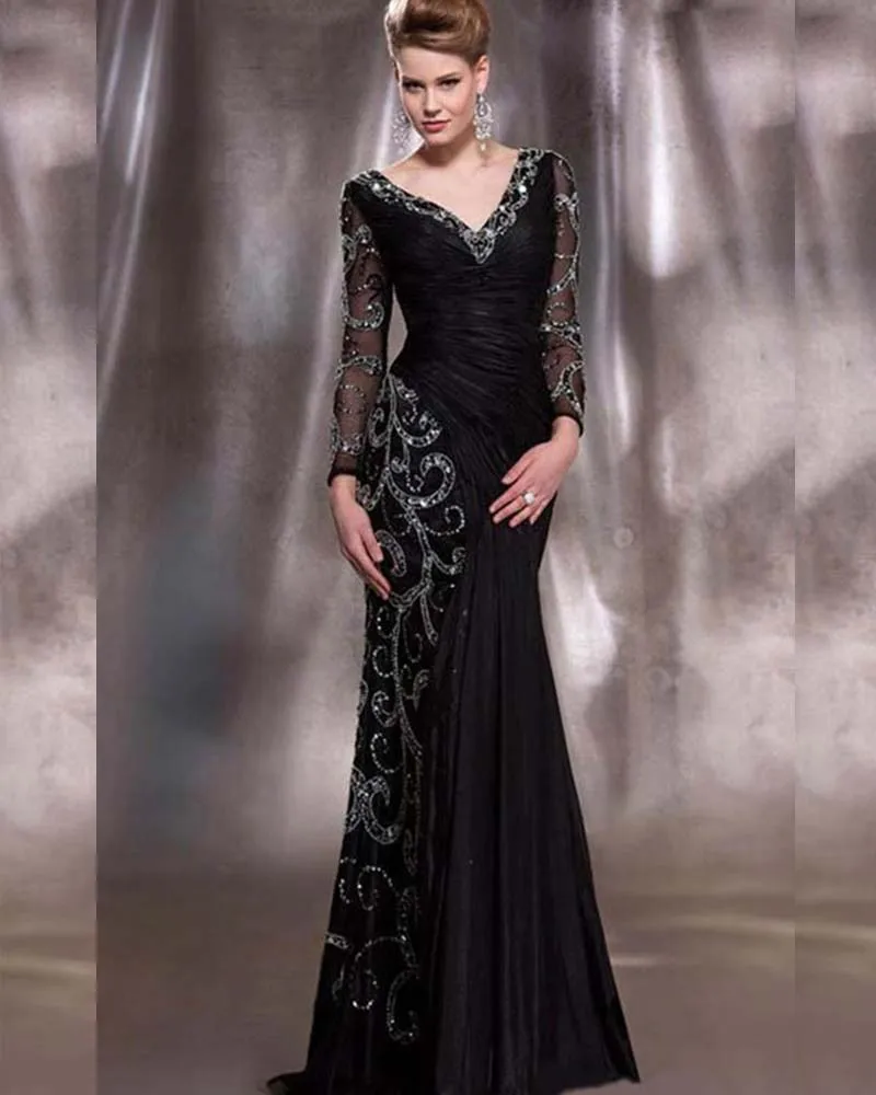 Sexy Sheer Back V-neck Long Sleeve Evening Dresses Women Mermaid Dress Beaded Mother of the Bride Dresses