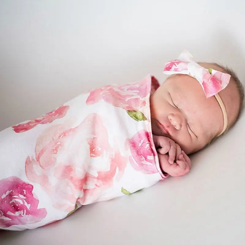 Newborn Photography Prop Baby Blankets Printed Infant Boys Girls Sleeping Swaddle Muslin Wrap +Headband 2PCS