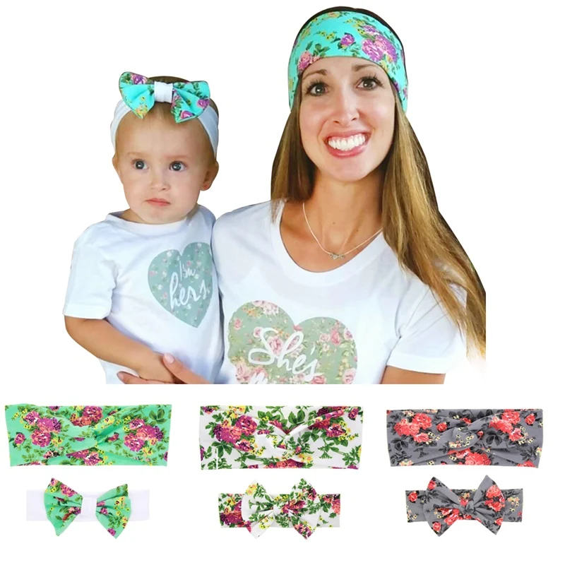 

6PCS/lot 3sets Mom and kids Headband Bows Bunny Ears Cotton Headband Hair Band Accessories Floral Headband Gifts