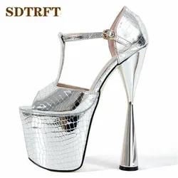 SDTRFT US10 11 12 Summer Sandals 20cm Strange Stryle High-Heeled Female Shoes Gold/Sliver Platform Women T-strap Peep Toe Pumps