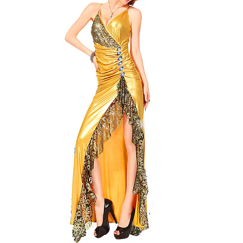 2019 Shining Gold Sequin Maxi Long Dress Elegant Evening Robe Sexy slit Bustier Dress spaghetti strap v neck dresses