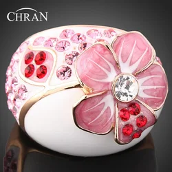 Chran Trend Enamel Pink Flower Desgin Promised Rings for Women Gold Color Crystal Engagement Rings Jewelry Accessories