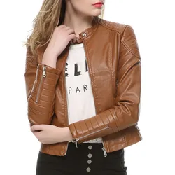 2021 Fashion Women Elegant Zipper Faux Leather Biker Jacket in Brown Black Slim Ladies Coat Casual brand Motorcycle Leather Coat