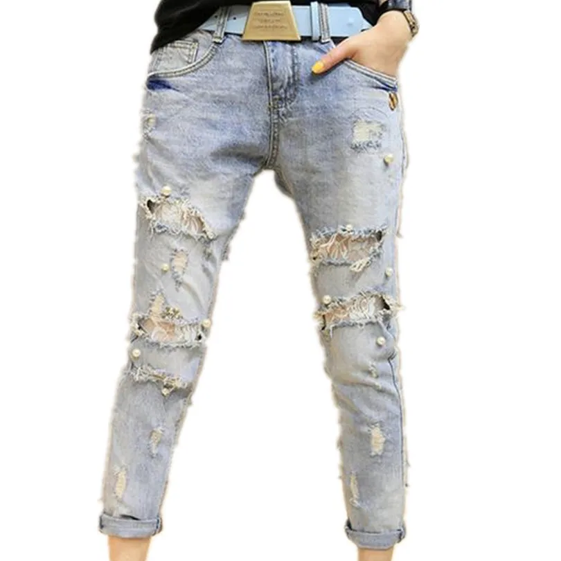 

lace beading hole jeans women's harem pants female Skinny Jeans Pencil Pants