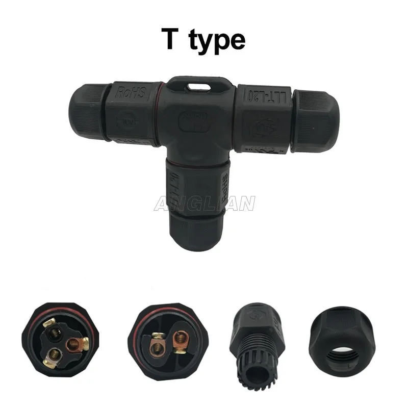 T Connector T type 2 pin 3 pin 4 pin IP67 Waterproof cable Connector Electrical wire quick plug Screw outdoor Lighting 10 units