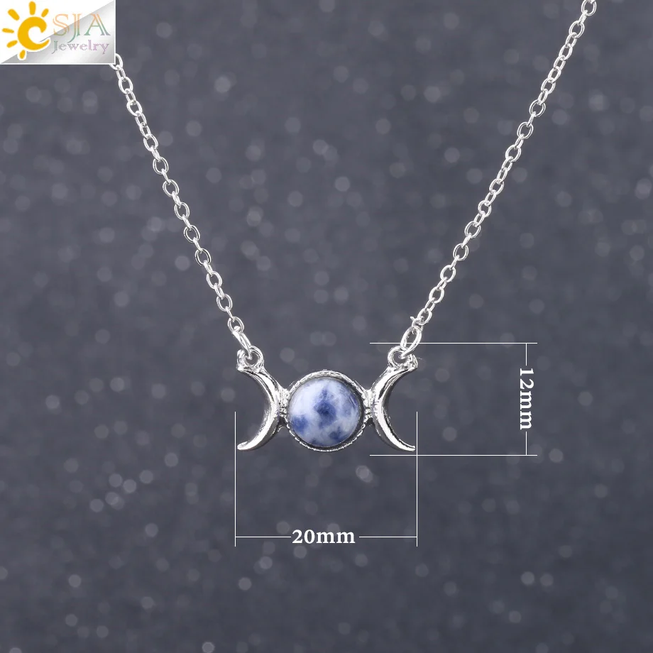 CSJA Vintage Crescent Clavicle Necklace Moon Sun Pendants Silver Color Choker Natural Stone Short Necklaces for Women Girls F707