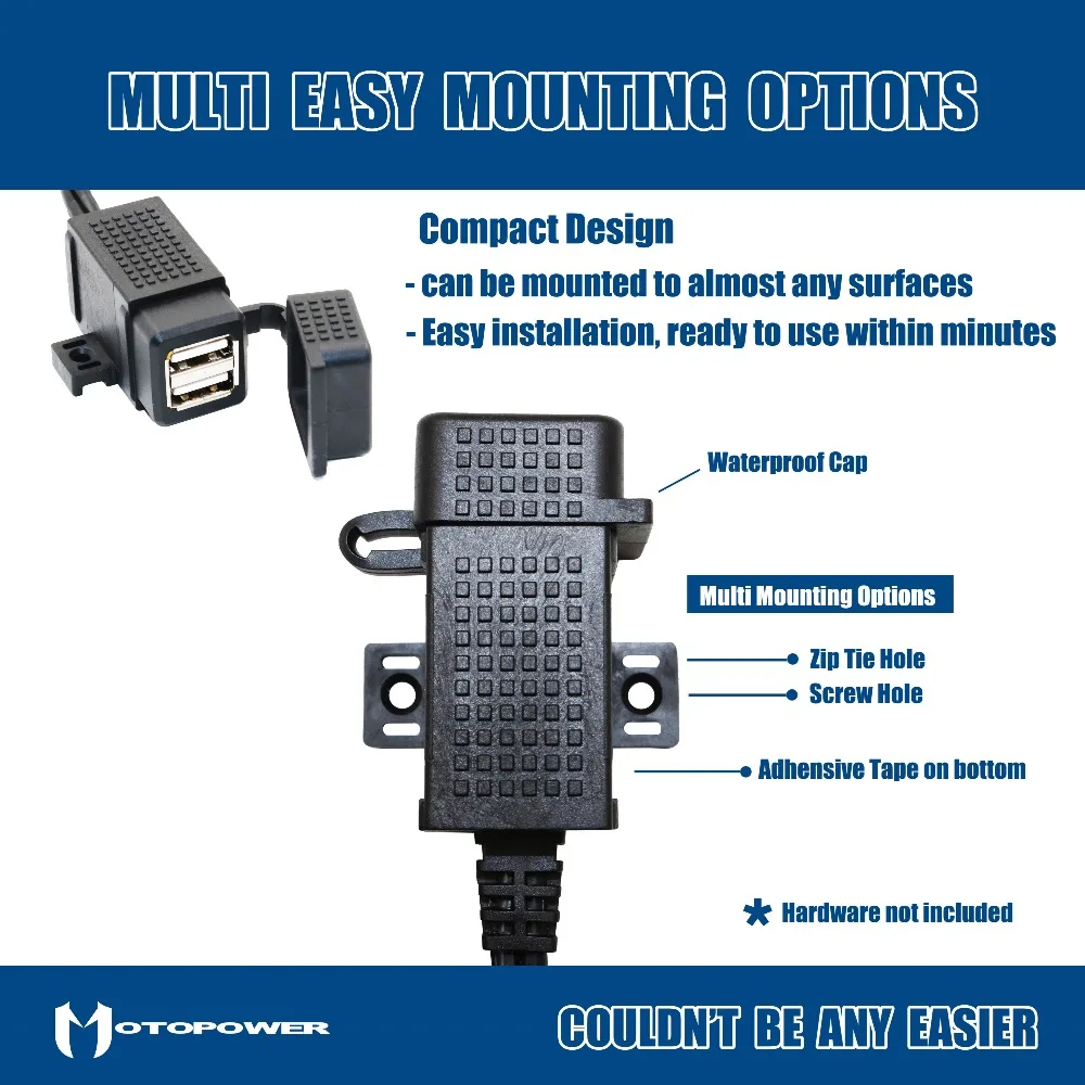 MOTOPOWER MP0609EA 3.1Amp Waterproof Motorcycle Dual USB Charger Kit SAE to USB Adapter PLUS with SAE to Ring Terminal Harness