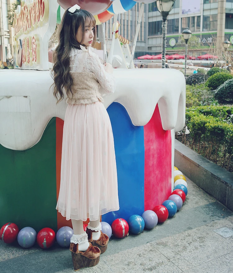 Princess sweet lolita skirt Bobon21 spring and summer grey pink young girl fairy style pleated star yarn skirt long skirt B1449