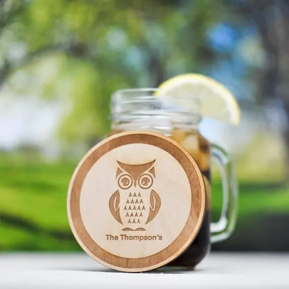 Personalized Laser Engraved Wooden Coaster With Owl Design