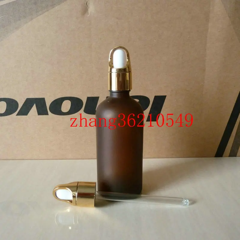 

25pcs 100ml amber frosted Glass Essential Oil Bottle With aluminum basket shiny gold dropper cap, 100ml glass Essential Oil pack