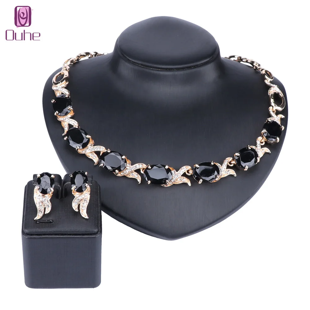 Trendy Jewelry Set Gold Color Black Crystal African Beads Necklace Bracelet Earring Ring Set Saudi Women Party Bridal Decoration