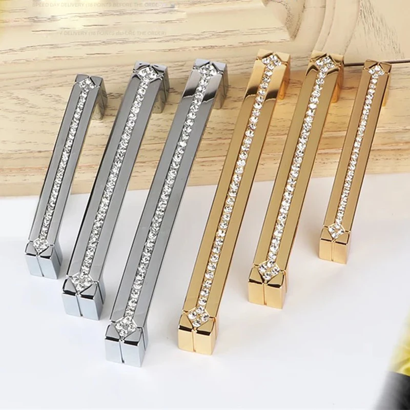 96mm luxury diamond furniture decorative handle crystal kitchen cabinet wardrobe door pull handles gold silver dresser pulls3.8