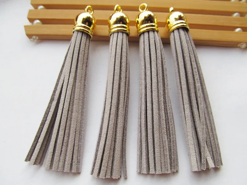 Free Shipping 100Pcs 90mm Light Grey Suede Leather Jewelry Tassel For Key Chains/ Cellphone Charms Top Plated End Caps Cord Tip