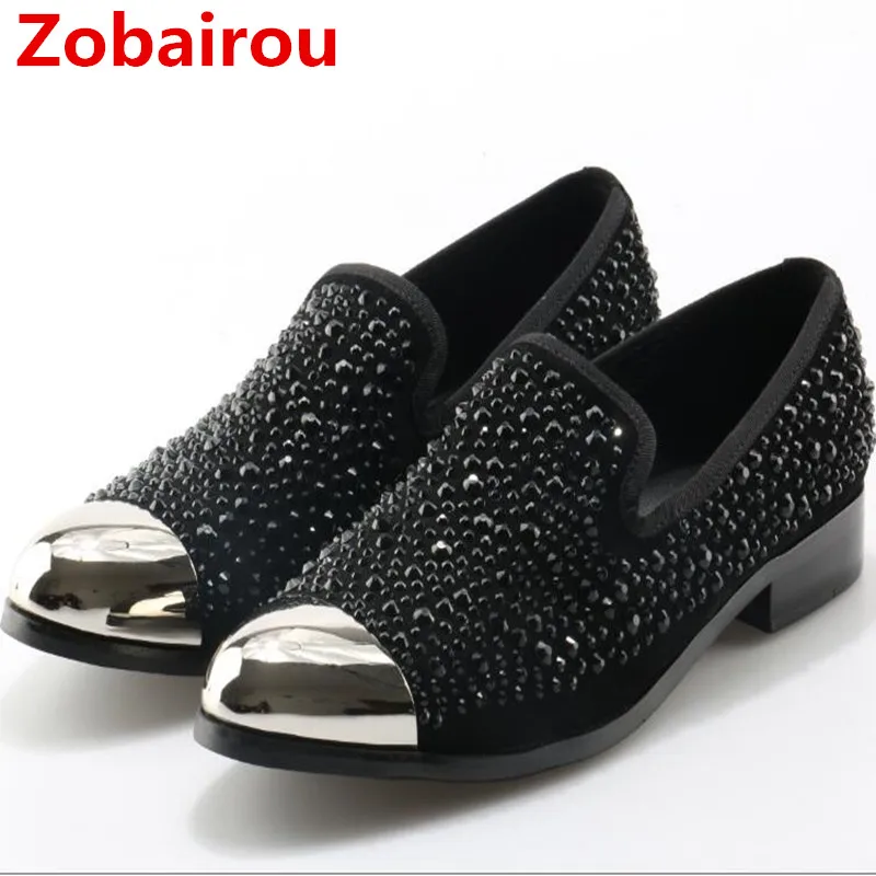 Zobairou Zapatos hombre cystal hidden heel shoes for men prom spiked loafers genuine leather sapato social formal shoes men