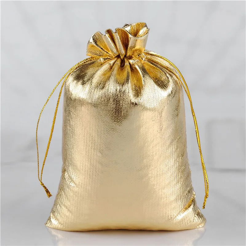 Bolsas a prueba de polvo con cordón, bolsas de varios tamaños, Color dorado/plateado, regalo de joyería delicado, suave y liso, bolsa Popular, 50 piezas