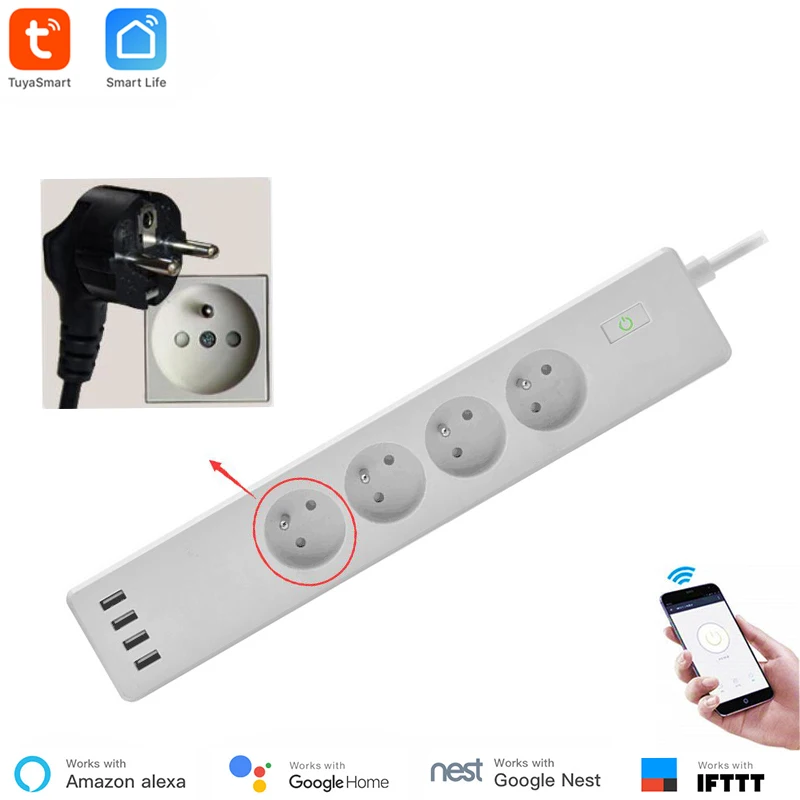 

France Standard WiFi Smart Power Strip 4 Type E Outlets 4 USB Ports Smart Life App and Voice by Alexa Google Home Support