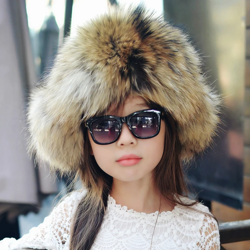 

Russia Hot Fashion Winter Raccoon&Fox Fur Hat With Ear Flaps For Women Children fur hat Thick and warm Winter Cap