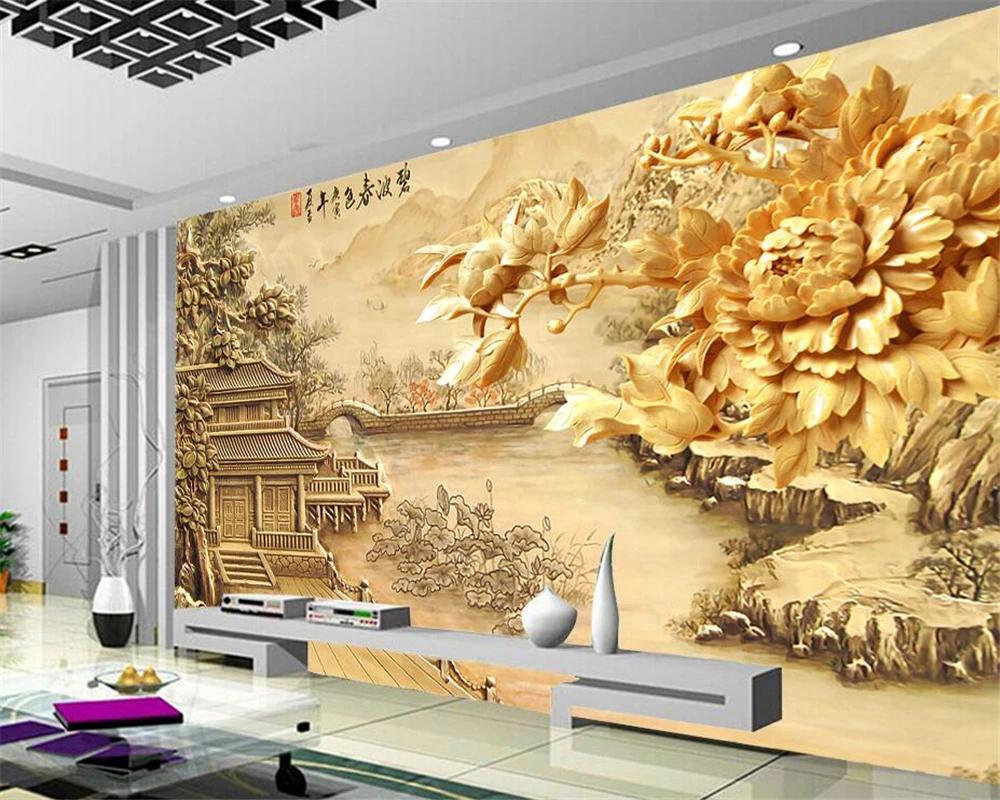 Beibehang 3D wallpaper  Luxurious Customized European Peony Pavilions Wallpapers Living Room Bedroom TV Background 3d Wallpaper