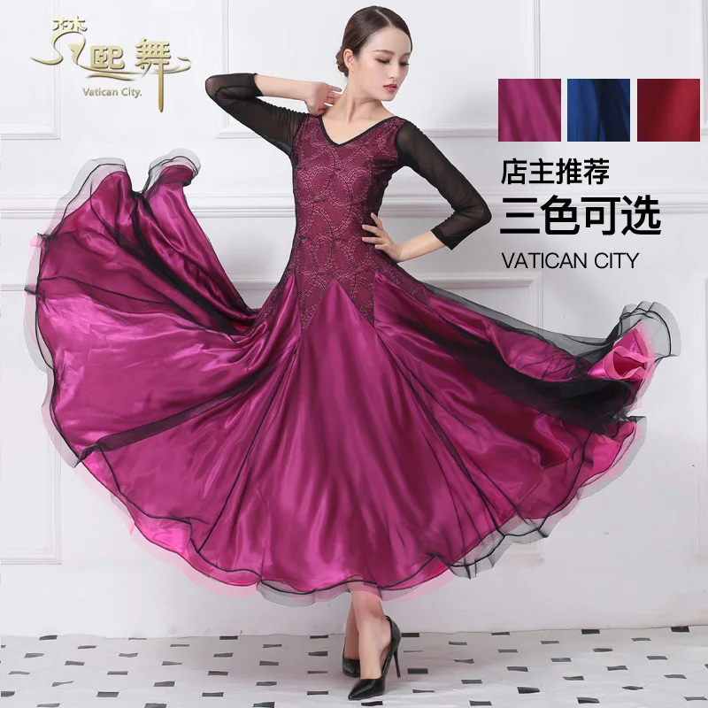 Phụ nữ Khiêu Vũ Khiêu Vũ Ăn Mặc Cô Gái Tango Nhảy Múa Cạnh Tranh Váy Phụ Nữ Flamenco Waltz Nhảy Múa Phong Tục Ren Dài Tay Áo D-0375