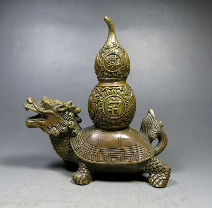 

China Feng Shui brass copper carved town house Evil Gourd turtle dragon Statue gift arts crafts decoration