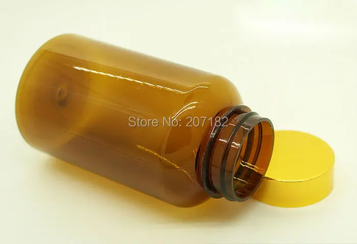 (100 unids/lote) botella PET ámbar de 200ml/200CC, botella de polvo, botella de medicina de alta calidad ---- tapa de Metal dorado brillante Scew