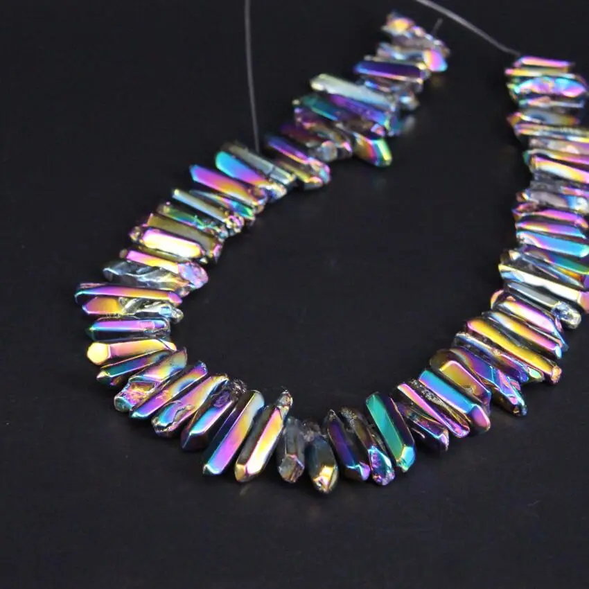 

15.5"strand Polished Rainbow Titanium Crystal Quartz Top Drilled Point Beads,Raw Crystal Stick Pendant Beads Jewelry Making